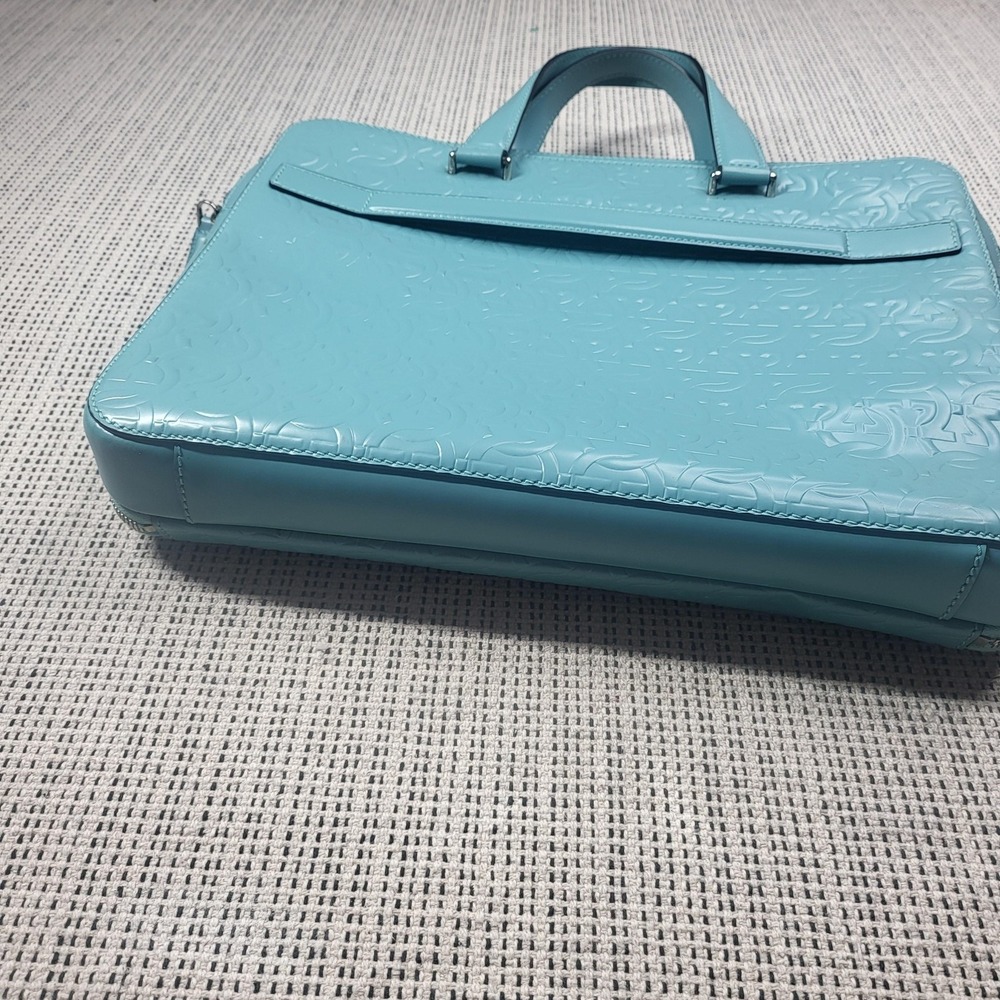Salvatore Ferragamo Gancini Laptop Bag Womens‎ Large Turquoise Leather Embossed - Picture 6 of 9